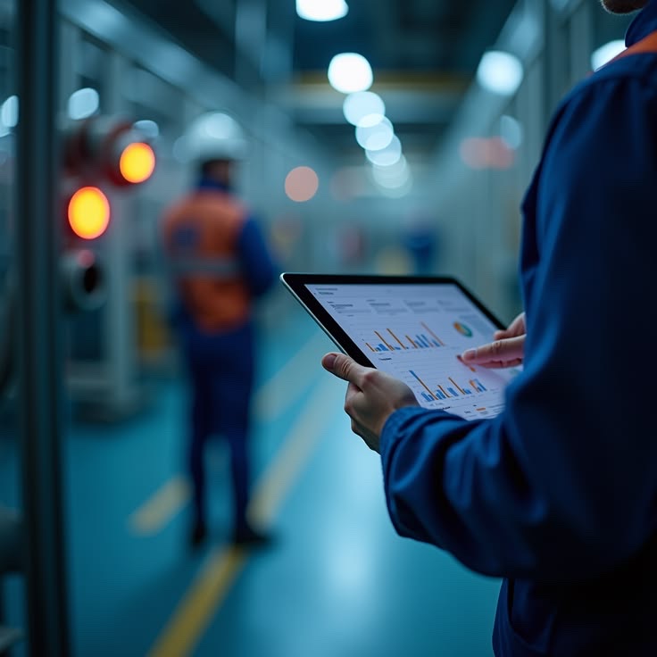 Operario consulta un tablero de indicadores en una tableta dentro de una nave industrial, con un compañero de chaleco reflectante al fondo.
