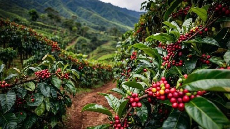 Camino de tierra que atraviesa un cafetal de ladera, con los cafetos cargados de granos rojos y verdes y montañas al fondo.