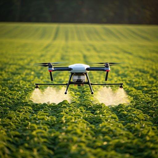 Dron agrícola fumigando a baja altura sobre un cultivo verde sembrado en hileras.