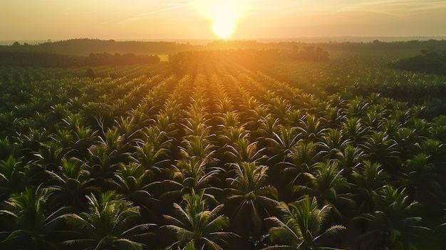 Vista aérea de una plantación de palma africana al atardecer, con las palmas alineadas en hileras hacia el sol en el horizonte.